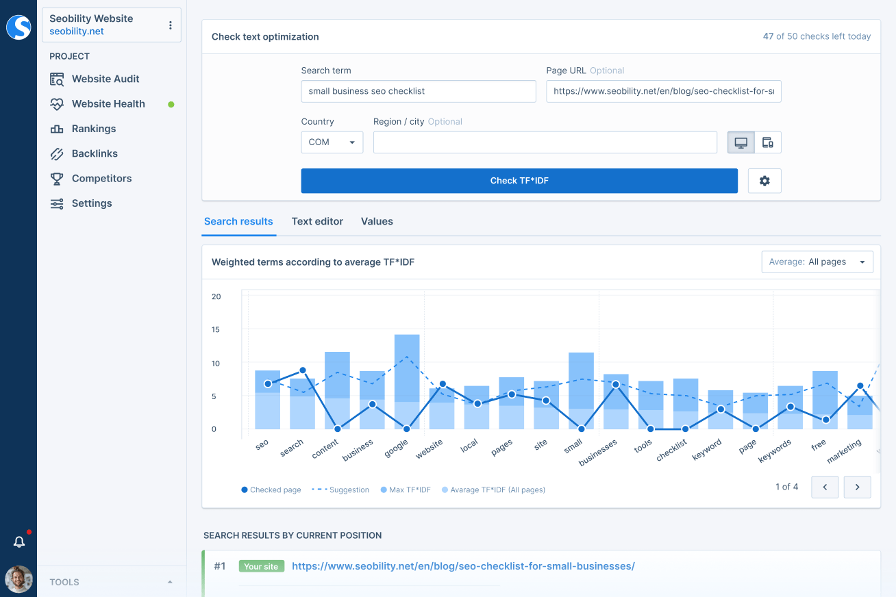 TF*IDF tool from Seobility