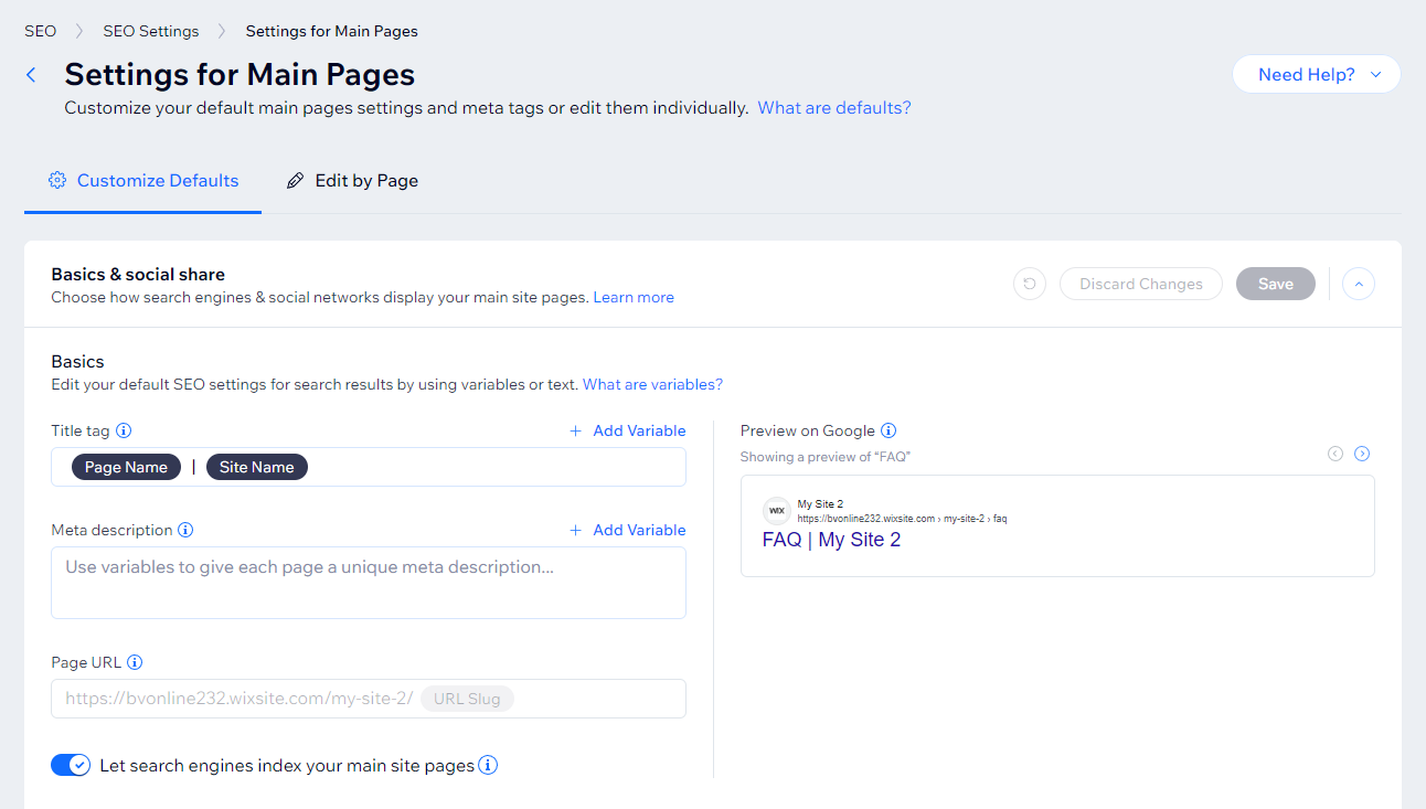 setting for main pages